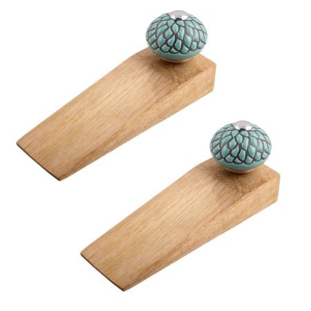 2 Pieces Sage Green And Black Etched Ceramic Wooden Door Stopper